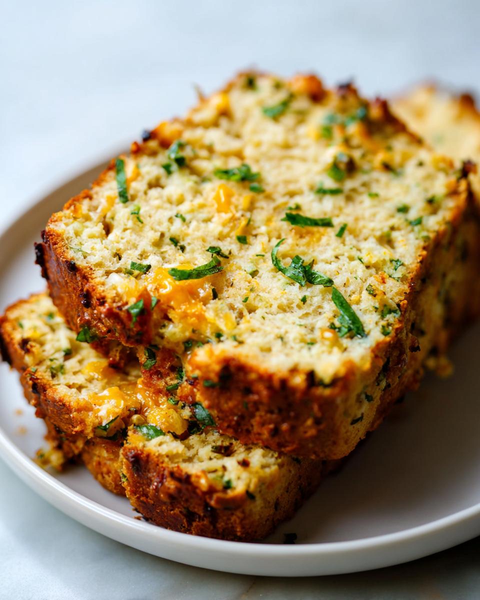 Close-up of three slices of cheddar herb quick bread stacked on a white plate, showing melted cheese and fresh herbs.