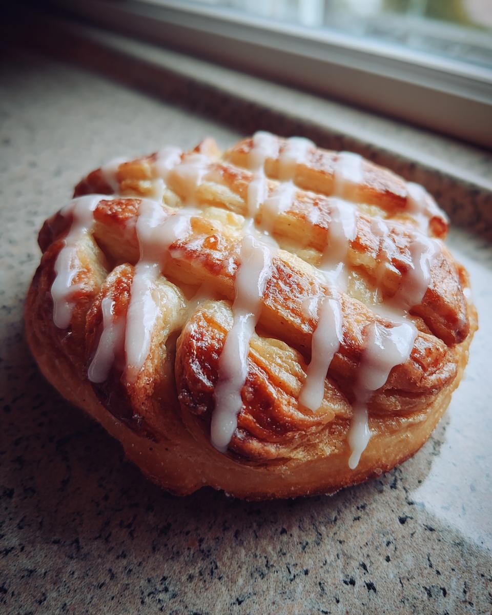 Close-up of a golden-brown cheese danish with a flaky pastry and drizzled white glaze.