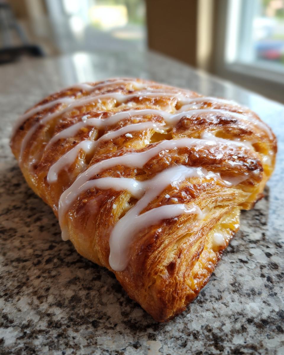 A close-up of a golden-brown, flaky cheese danish drizzled with white icing.