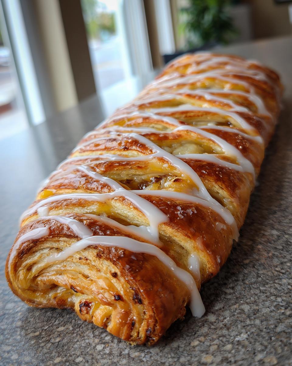 A close-up of a golden brown Cheese Danish, drizzled with white icing, showcasing its flaky layers.