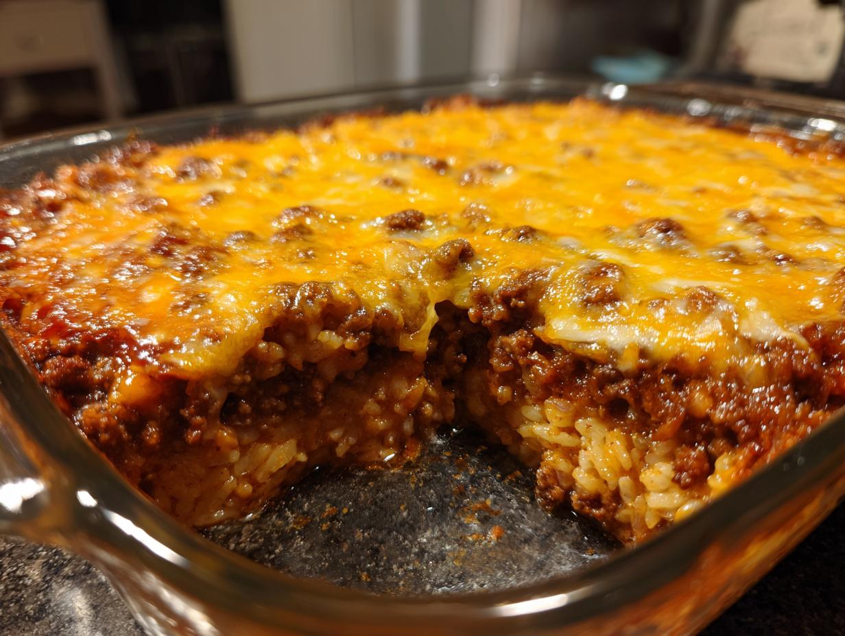 A close-up of a cheesy hamburger rice casserole in a glass baking dish, showing layers of rice and seasoned ground beef topped with melted cheddar cheese.