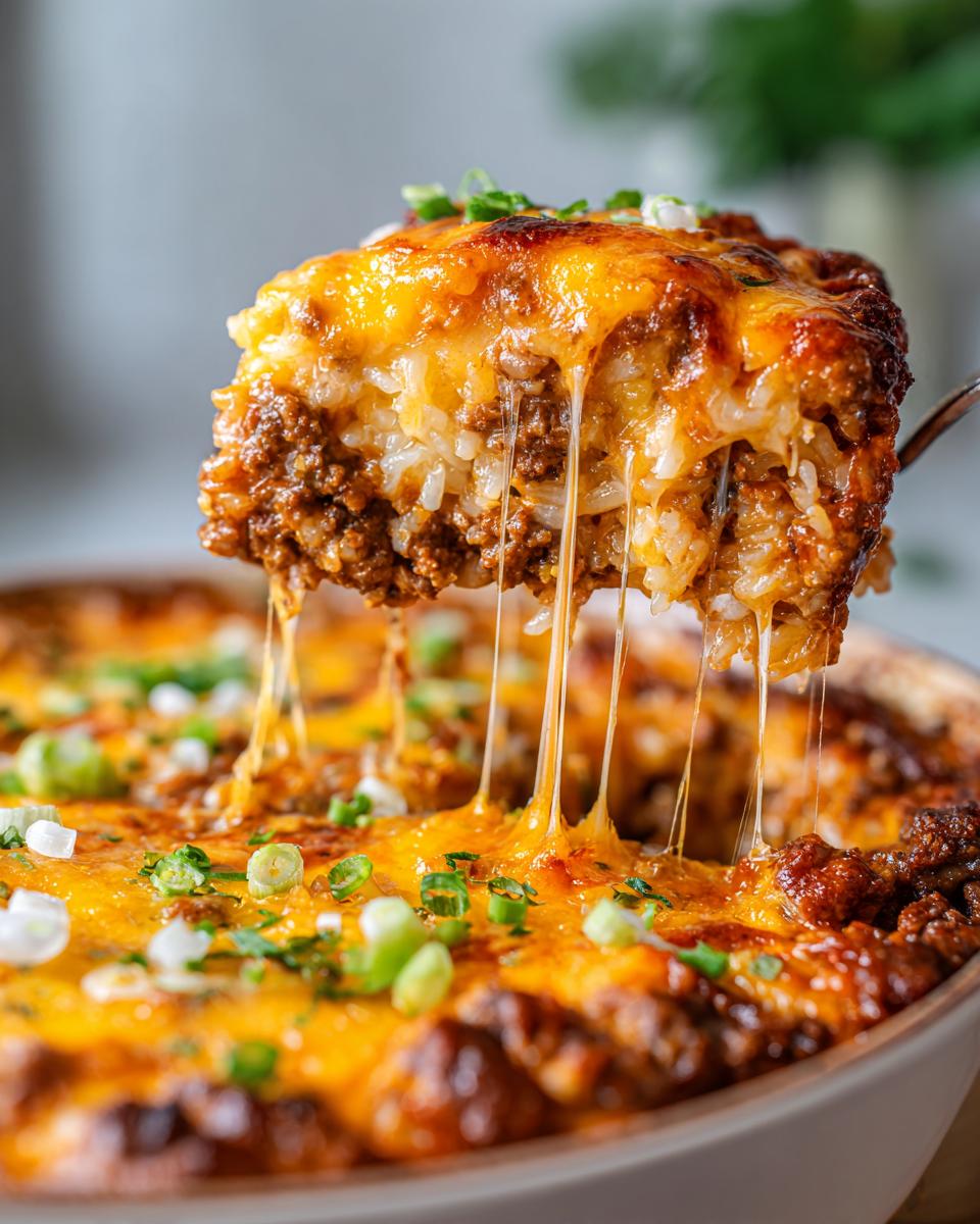 A scoop of cheesy hamburger rice casserole being lifted, showing gooey melted cheese strings and a sprinkle of green onions.