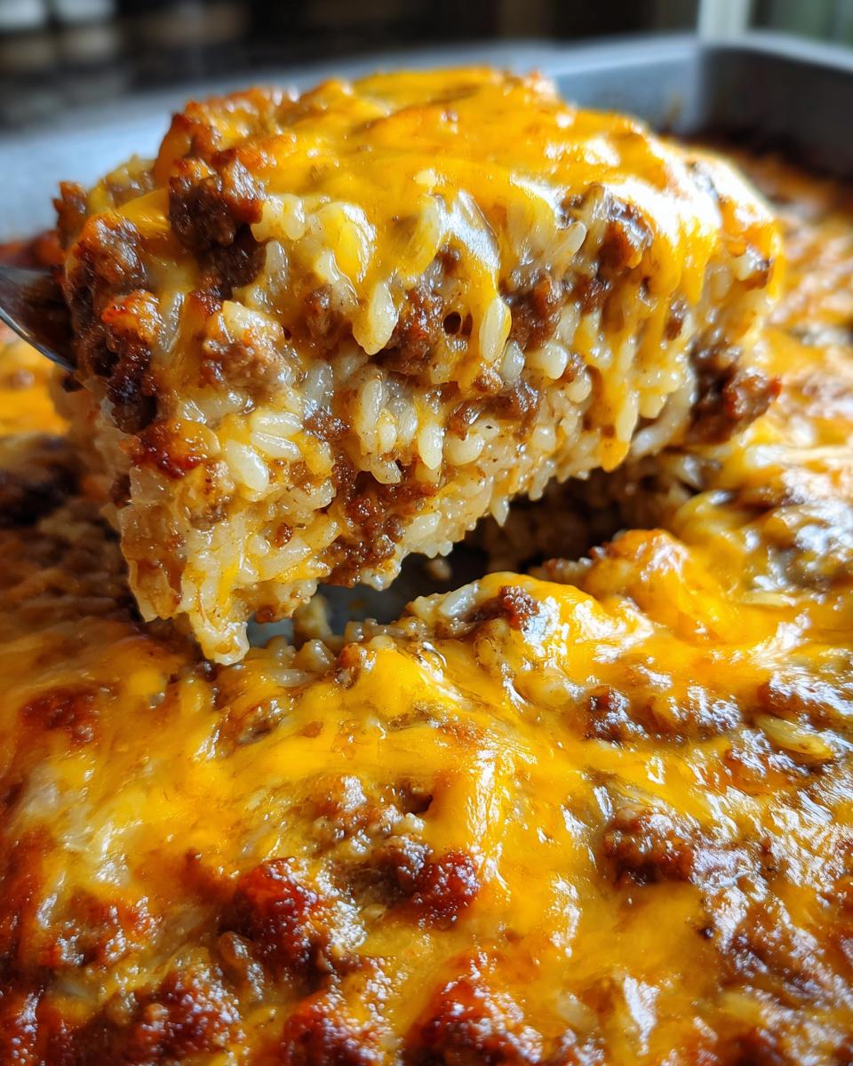 A fork lifts a generous portion of cheesy hamburger rice casserole, showing layers of ground beef and rice topped with melted cheddar cheese.
