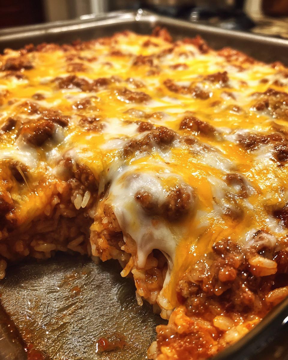 A close-up view of a cheesy hamburger rice casserole, showing melted cheese over seasoned ground beef and rice.