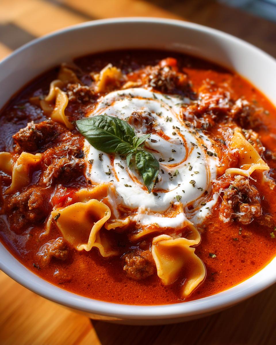 A close-up shot of a bowl of Cheesy Lasagna Soup, topped with a swirl of sour cream and fresh basil.