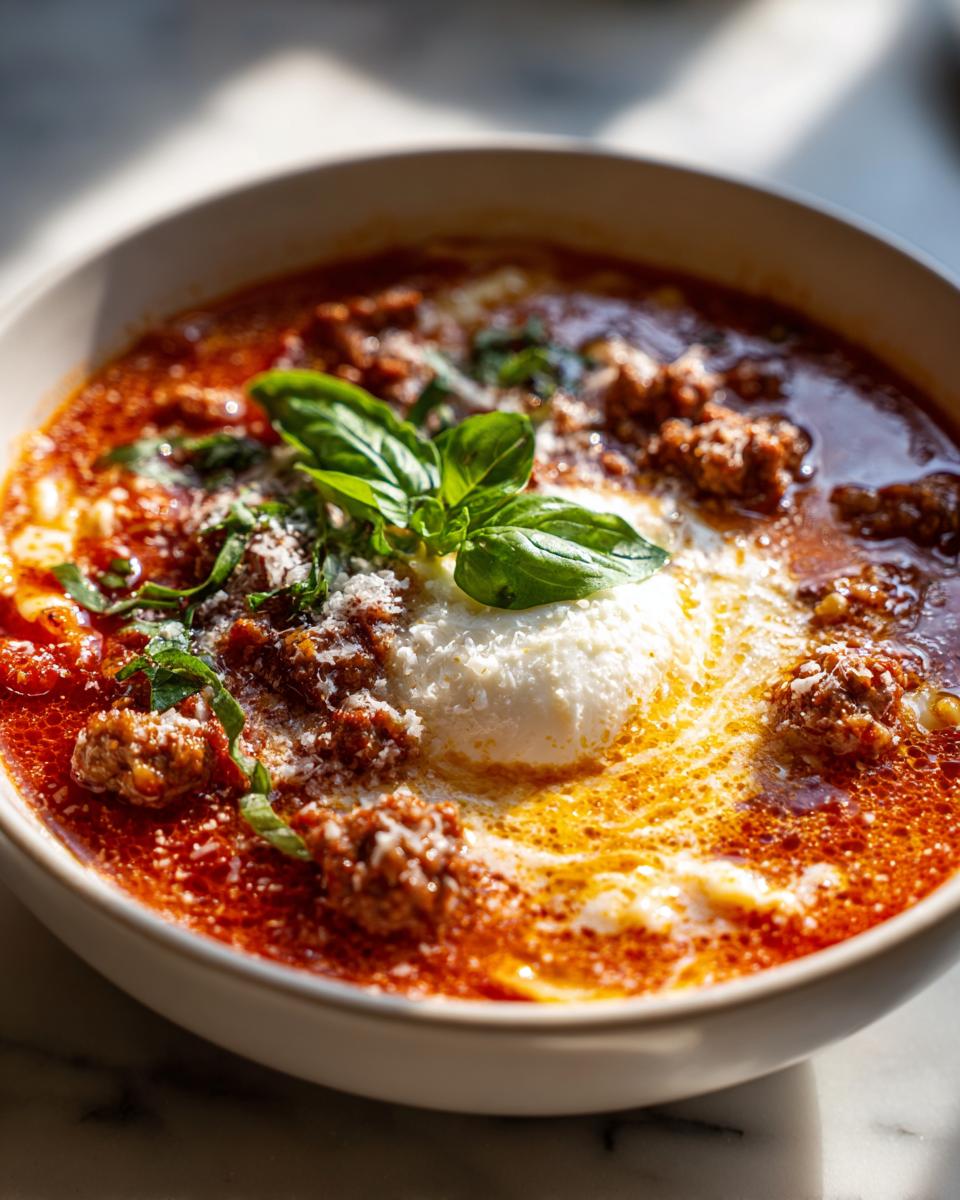 A close-up of a bowl of cheesy Lasagna Soup, topped with a dollop of ricotta, fresh basil, and grated Parmesan.