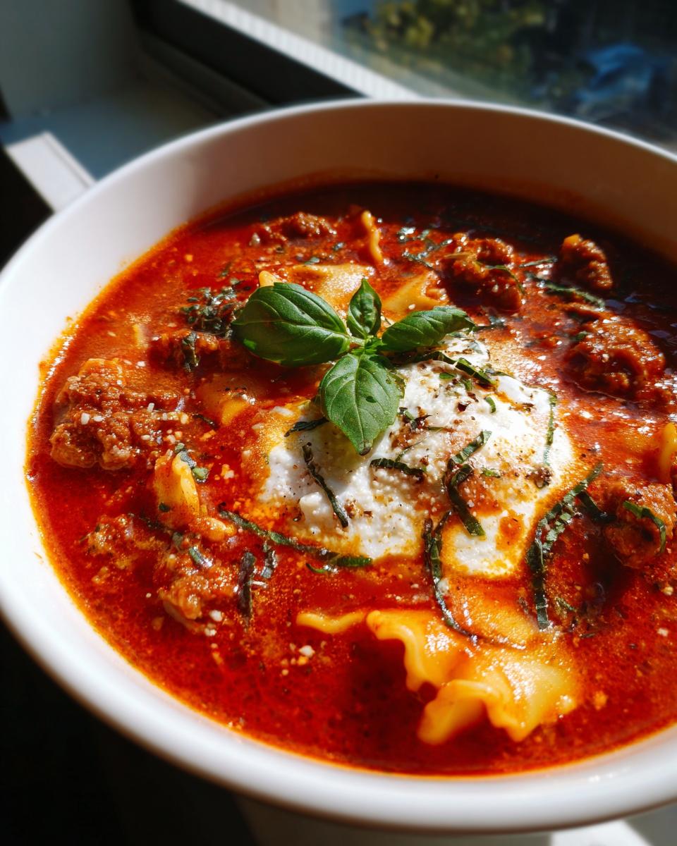 A bowl of hearty Lasagna Soup topped with a dollop of ricotta cheese, fresh basil, and herbs.