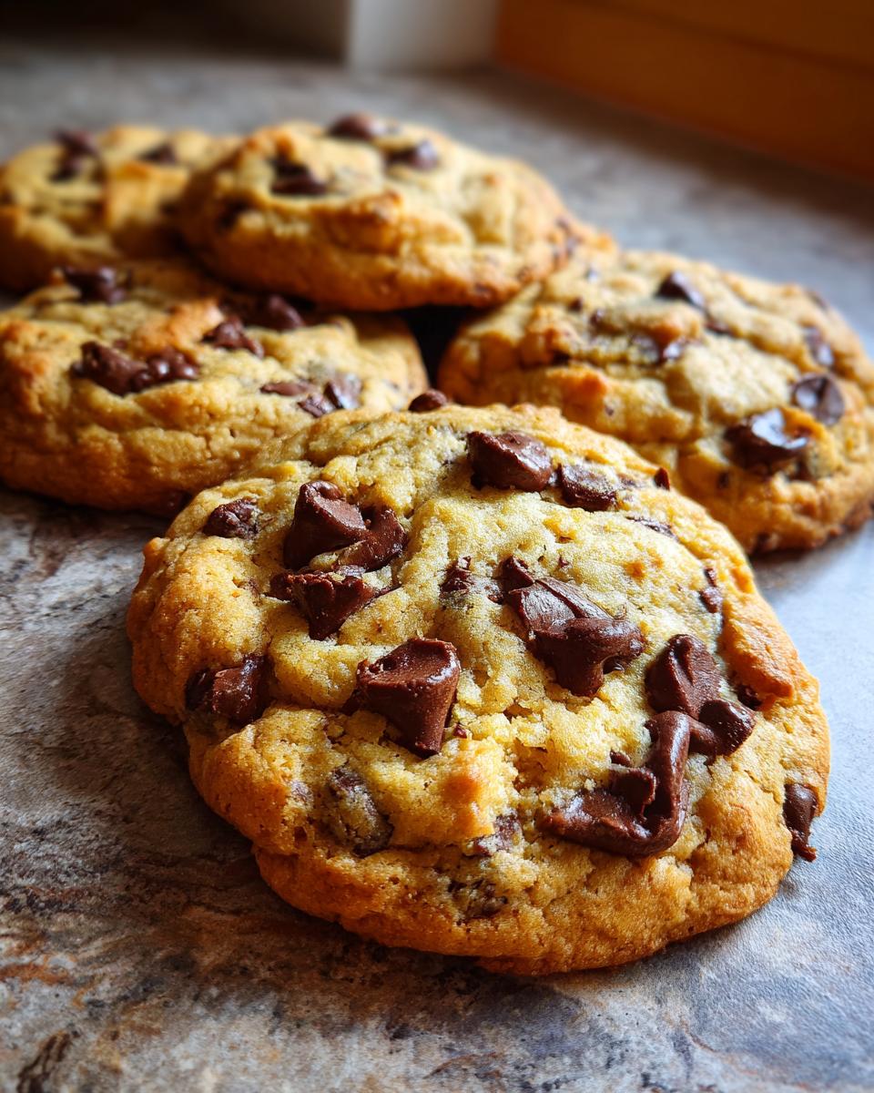 Close-up of several freshly baked chewy chocolate chip cookies with melted chocolate chunks.