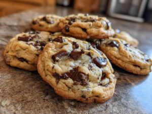 A close-up of several freshly baked chewy chocolate chip cookies, loaded with chocolate chunks.