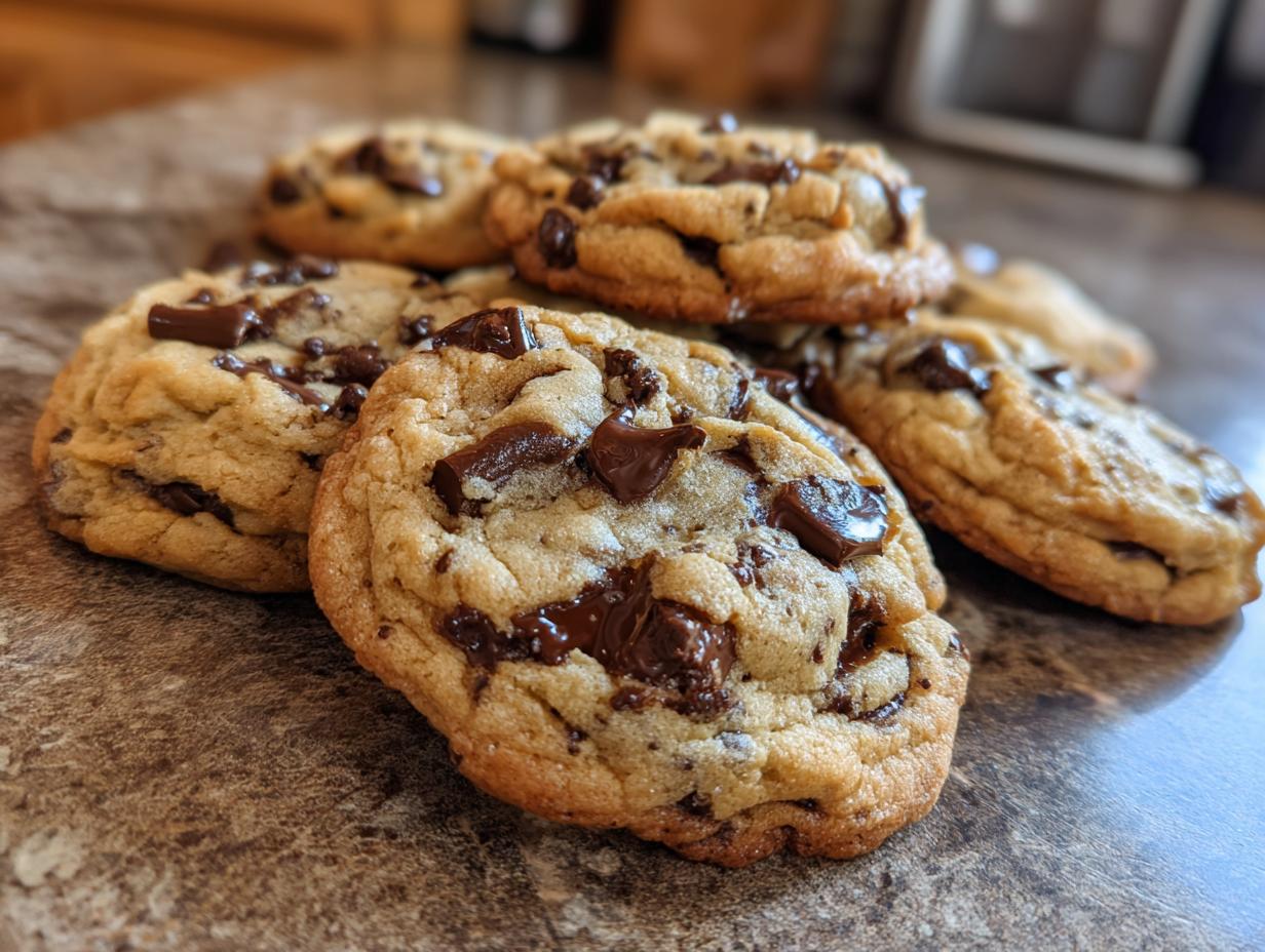 A close-up of several freshly baked chewy chocolate chip cookies, loaded with chocolate chunks.
