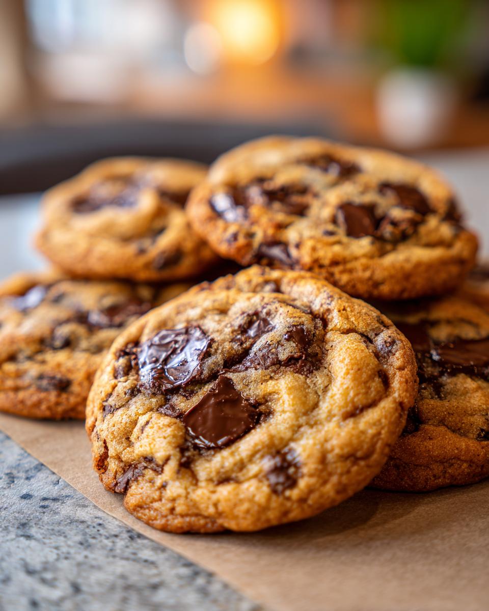 A close-up of several delicious chewy chocolate chip cookies piled on brown parchment paper.