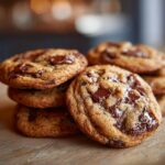 A close-up stack of freshly baked chewy chocolate chip cookies, with melted chocolate chunks visible.