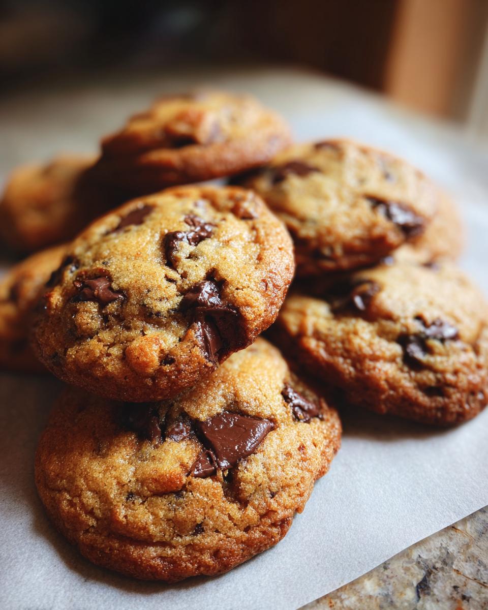 A close-up of a stack of freshly baked chewy chocolate chip cookies with melted chocolate chunks.