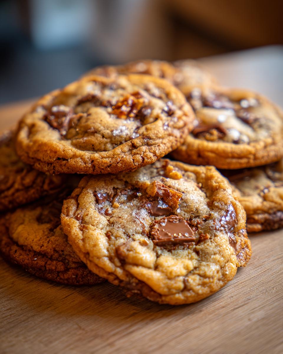 A close-up view of a stack of freshly baked chewy chocolate chip cookies, loaded with melty chocolate chunks.
