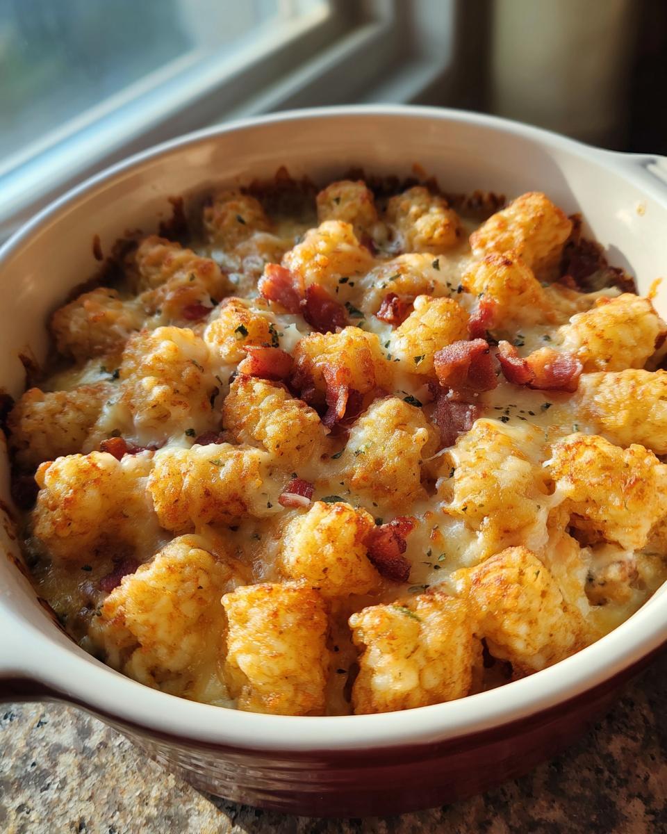 Close-up of a bubbling Chicken Bacon Ranch Tater Tot Casserole topped with melted cheese and crispy bacon bits.