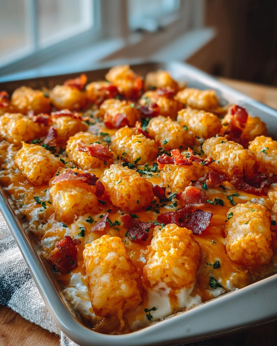 Close-up of a bubbly Chicken Bacon Ranch Tater Tot Casserole topped with melted cheese, crispy bacon, and parsley.