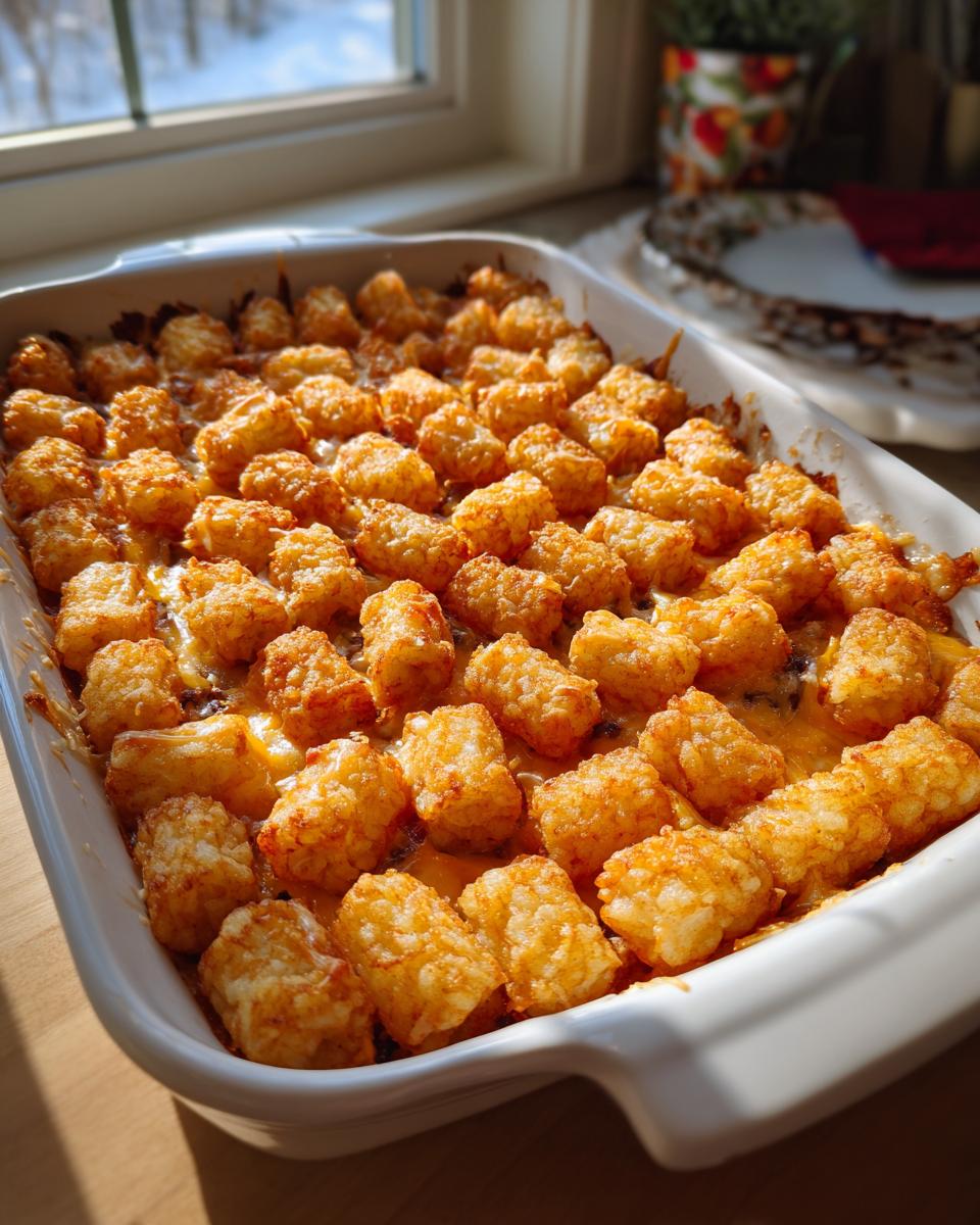 A freshly baked Chicken Bacon Ranch Tater Tot Casserole in a white baking dish, topped with golden tater tots and melted cheese.