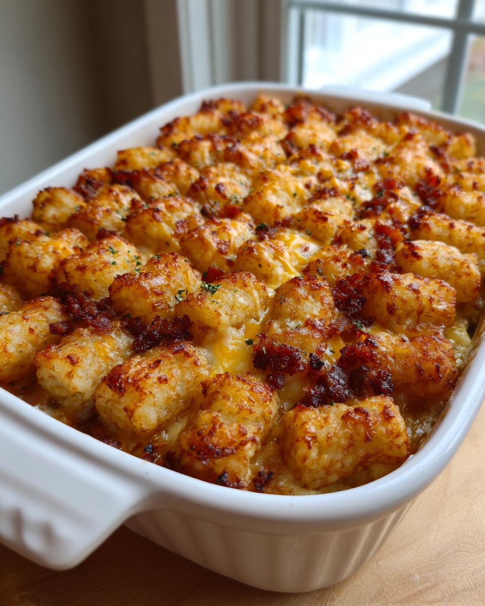 A close-up of a baked Chicken Bacon Ranch Tater Tot Casserole in a white baking dish, topped with golden tater tots and melted cheese.