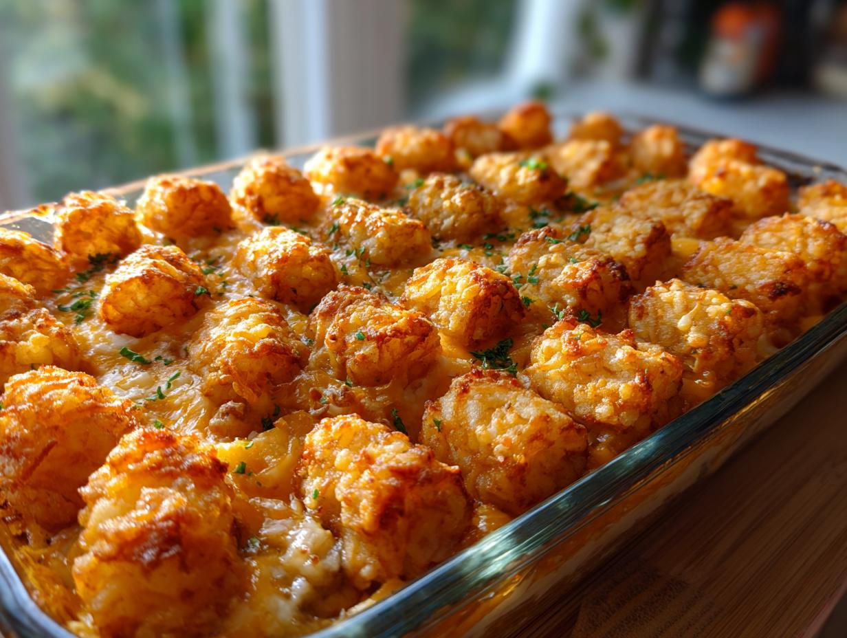 Golden brown Chicken Bacon Ranch Tater Tot Casserole baked in a glass dish, topped with melted cheese and parsley.