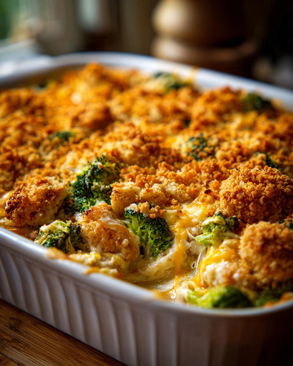 Close-up of a bubbling Chicken Broccoli Casserole with a golden breadcrumb topping and melted cheese.
