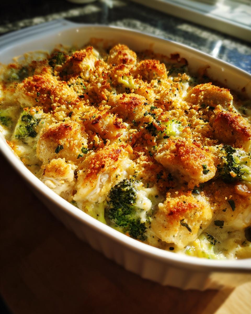 A close-up of a baked chicken broccoli casserole in a white dish, topped with golden breadcrumbs and parsley.