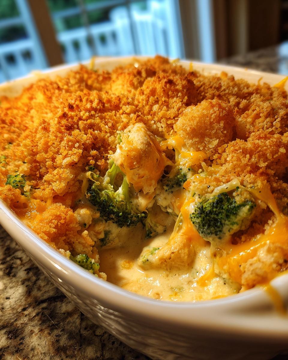 A close-up of a bubbling Chicken Broccoli Casserole with a golden, crispy breadcrumb topping and melted cheese.