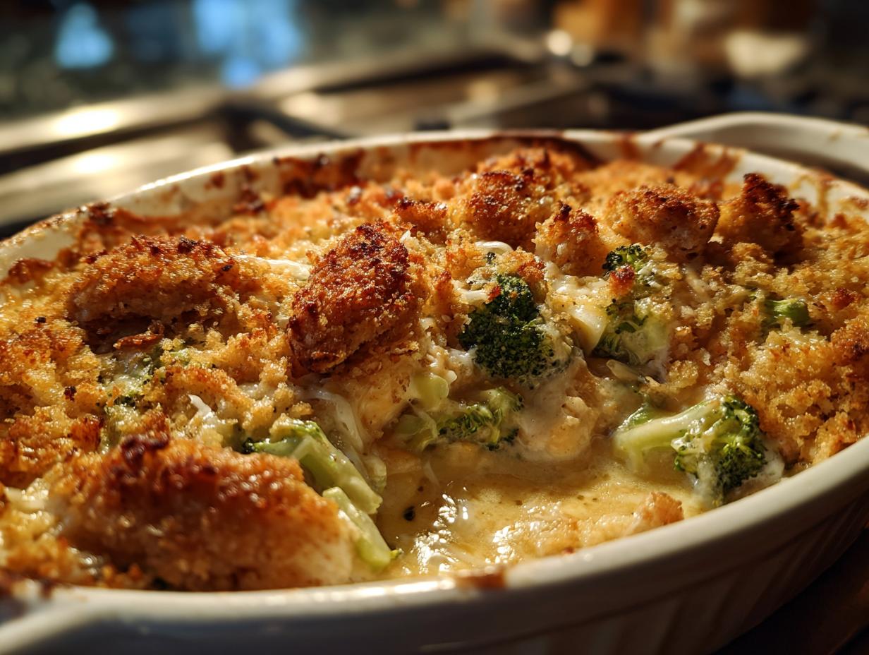 Close-up of a bubbly chicken broccoli casserole with a golden breadcrumb topping and tender chicken pieces.