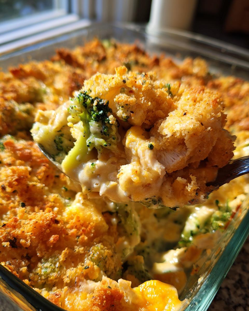 A spoonful of creamy chicken broccoli casserole with a golden breadcrumb topping.
