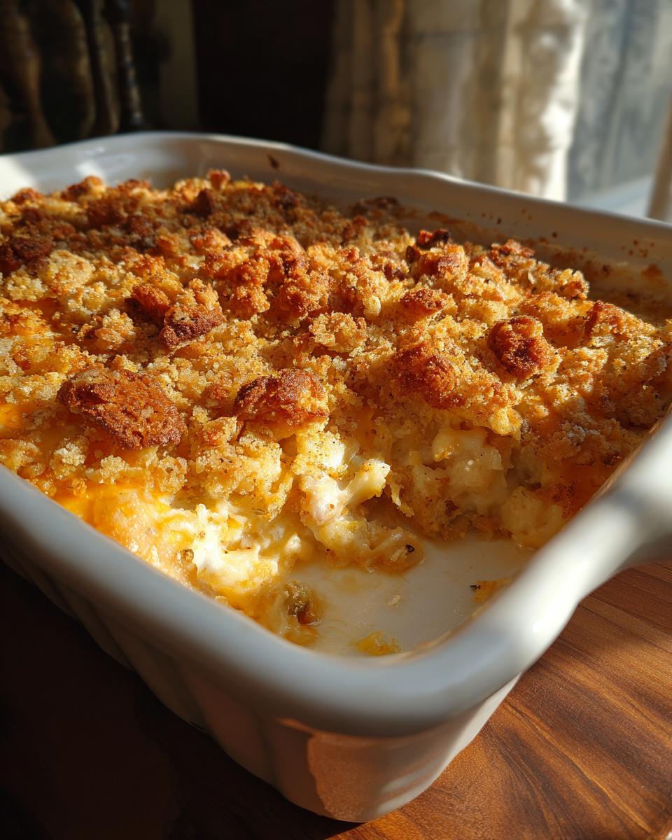 A close-up of a golden-brown chicken broccoli rice casserole with a crispy topping in a white baking dish.