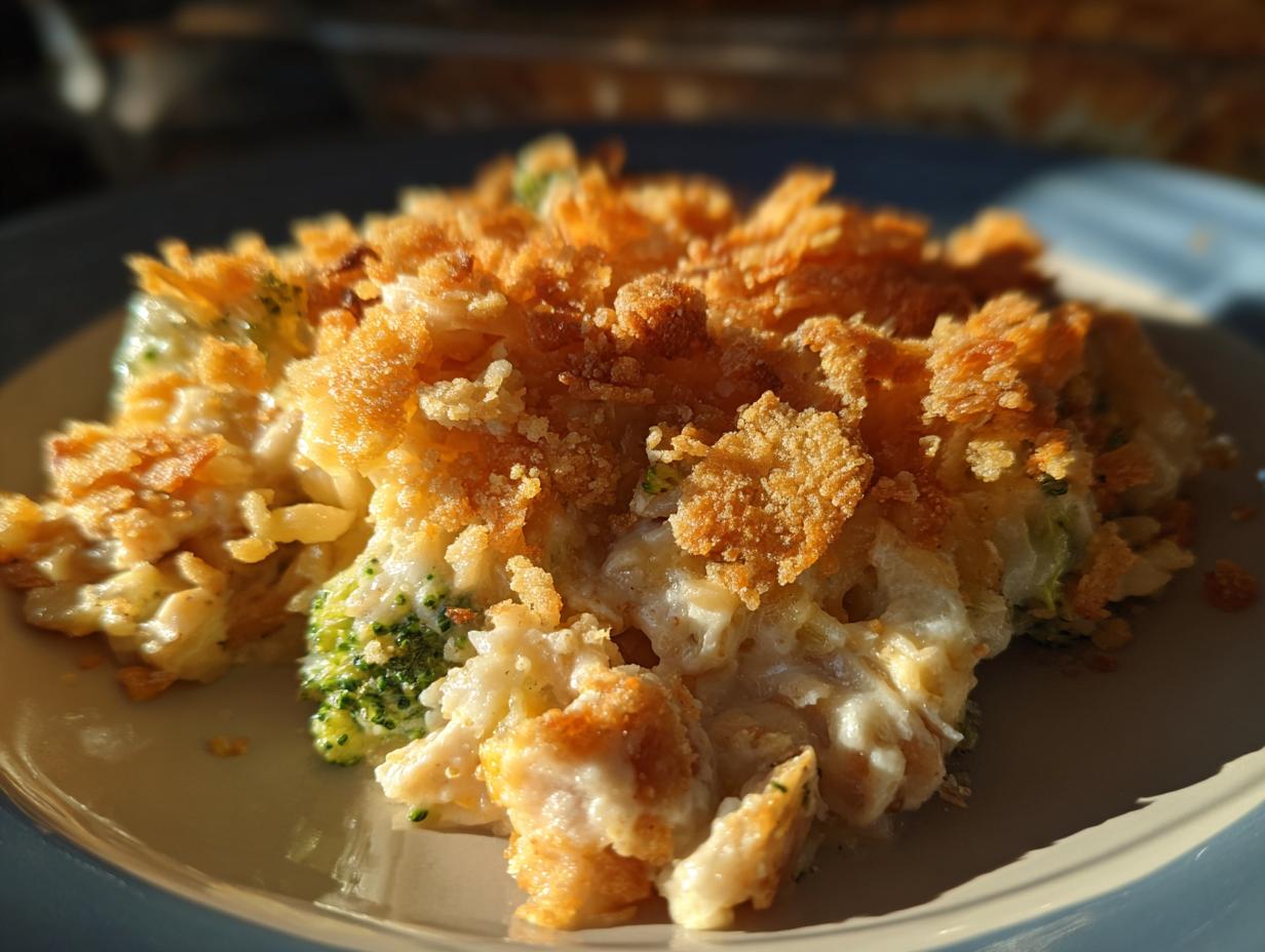 A close-up of a serving of chicken broccoli rice casserole with a golden breadcrumb topping.