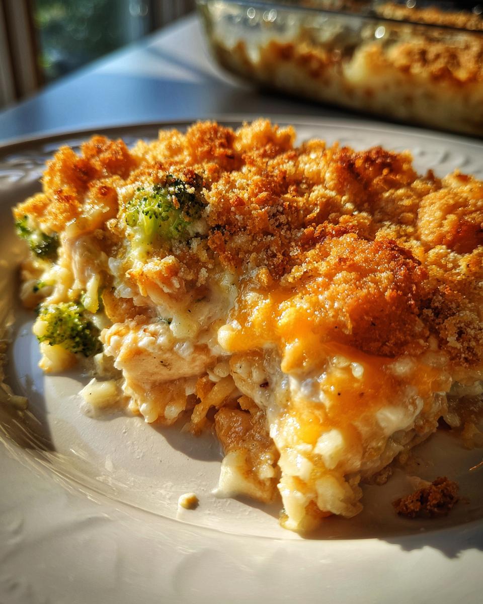 A close-up of a serving of chicken broccoli rice casserole with a golden breadcrumb topping and melted cheese.