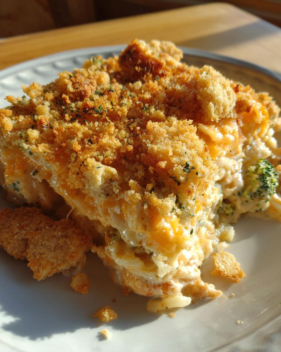 A close-up of a slice of chicken broccoli rice casserole with a golden breadcrumb topping and melted cheese.