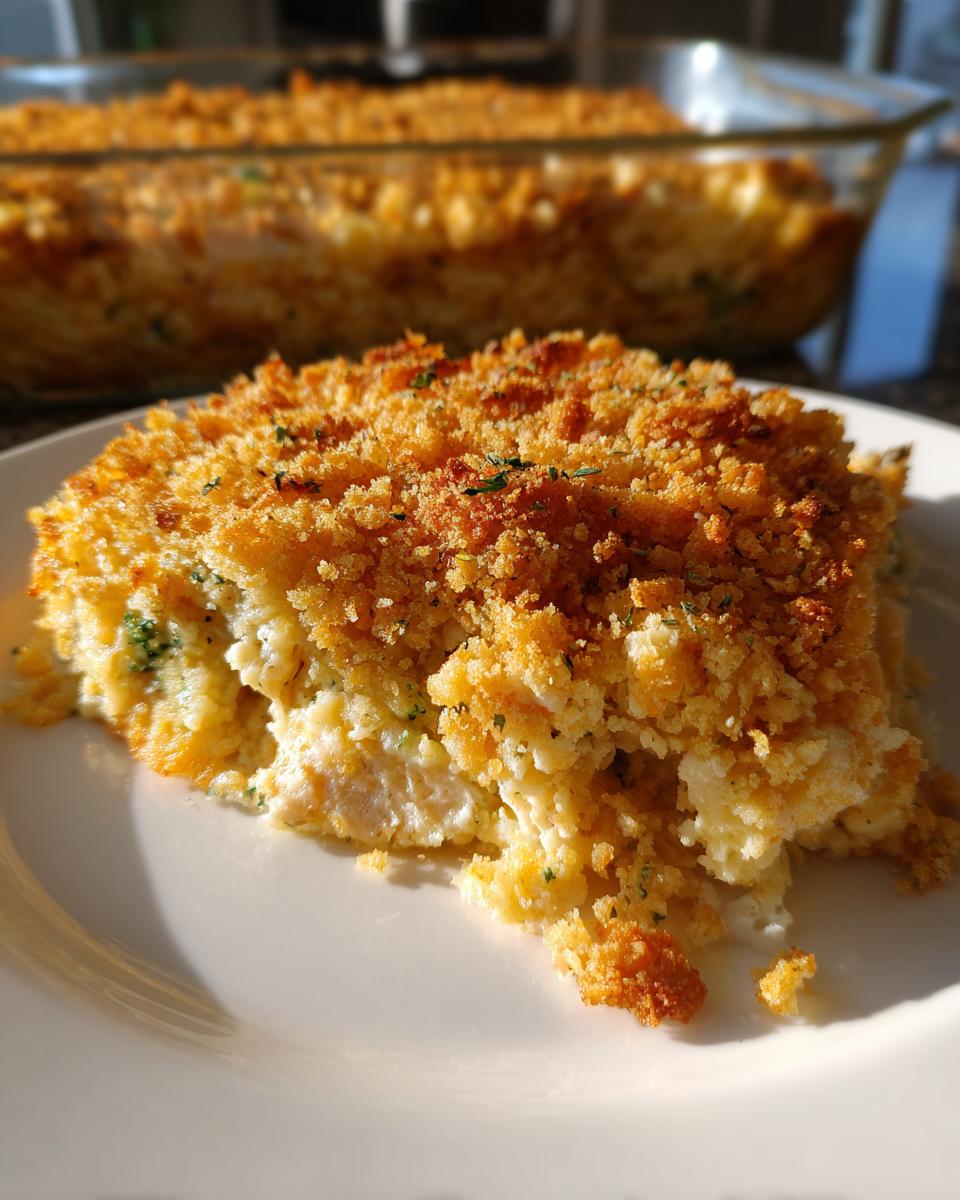 A close-up of a golden brown slice of chicken broccoli rice casserole on a white plate, with the rest of the casserole in the background.