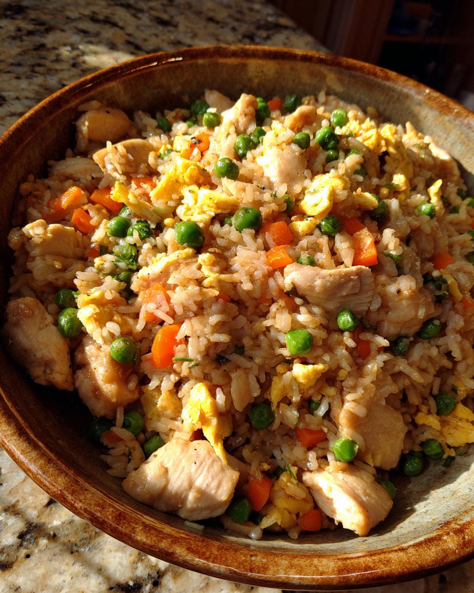 A close-up of a rustic bowl filled with flavorful chicken fried rice, featuring tender chicken pieces, peas, carrots, and scrambled eggs.