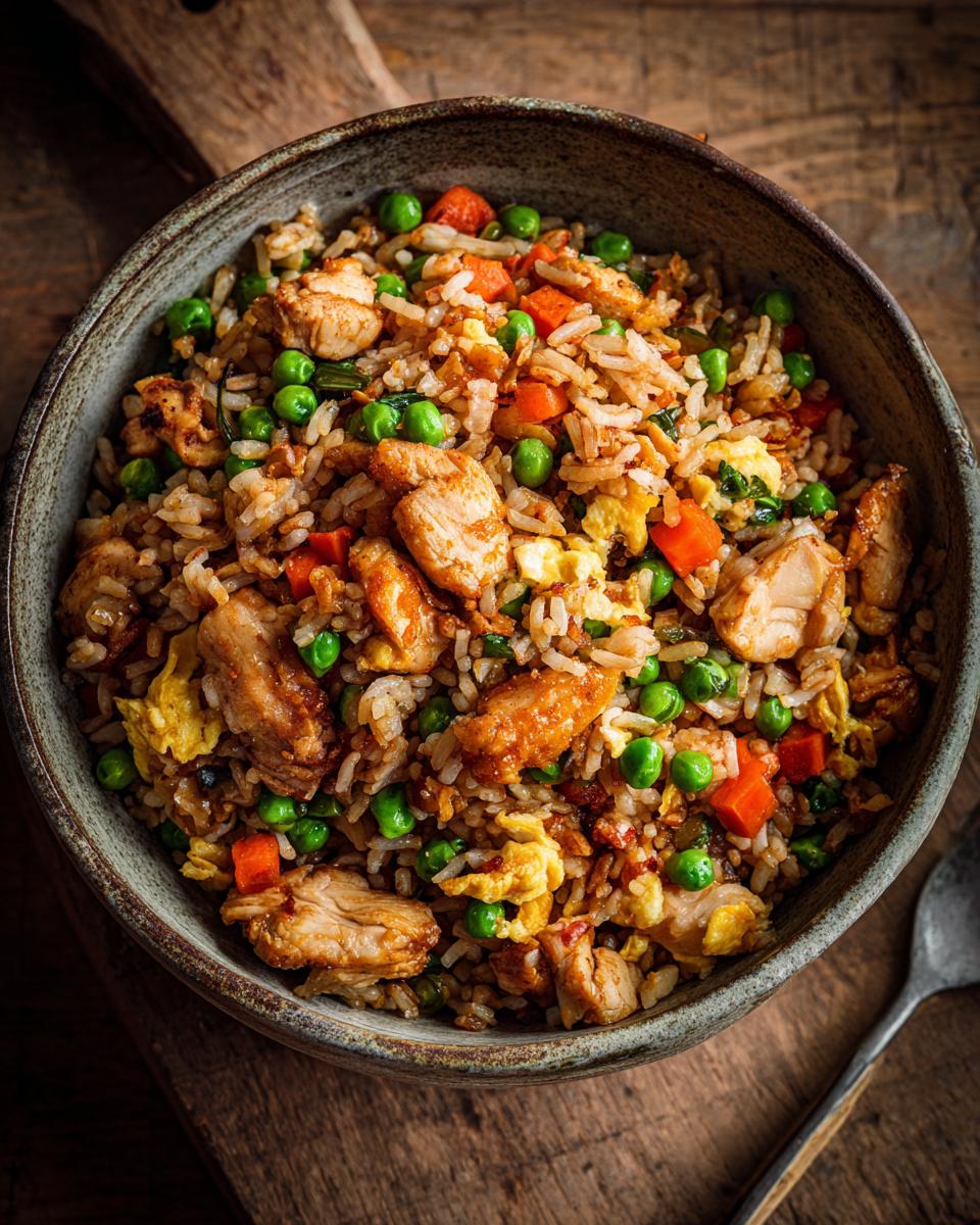 A close-up overhead view of a bowl filled with savory chicken fried rice, featuring tender chicken pieces, peas, carrots, and scrambled egg.