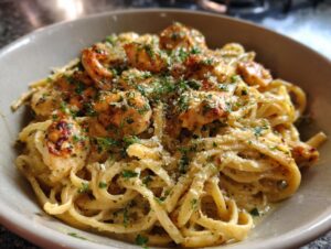 A close-up of a bowl of Chicken Garlic Parmesan Pasta, featuring linguine noodles coated in creamy sauce with pieces of chicken and garnished with parsley.