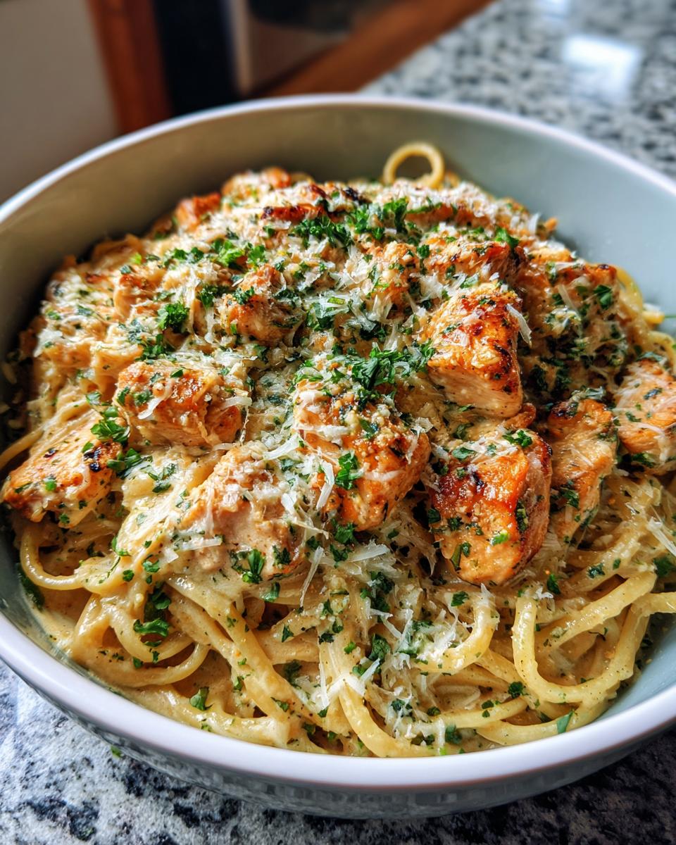 A close-up shot of a bowl filled with Chicken Garlic Parmesan Pasta, topped with parsley and grated cheese.