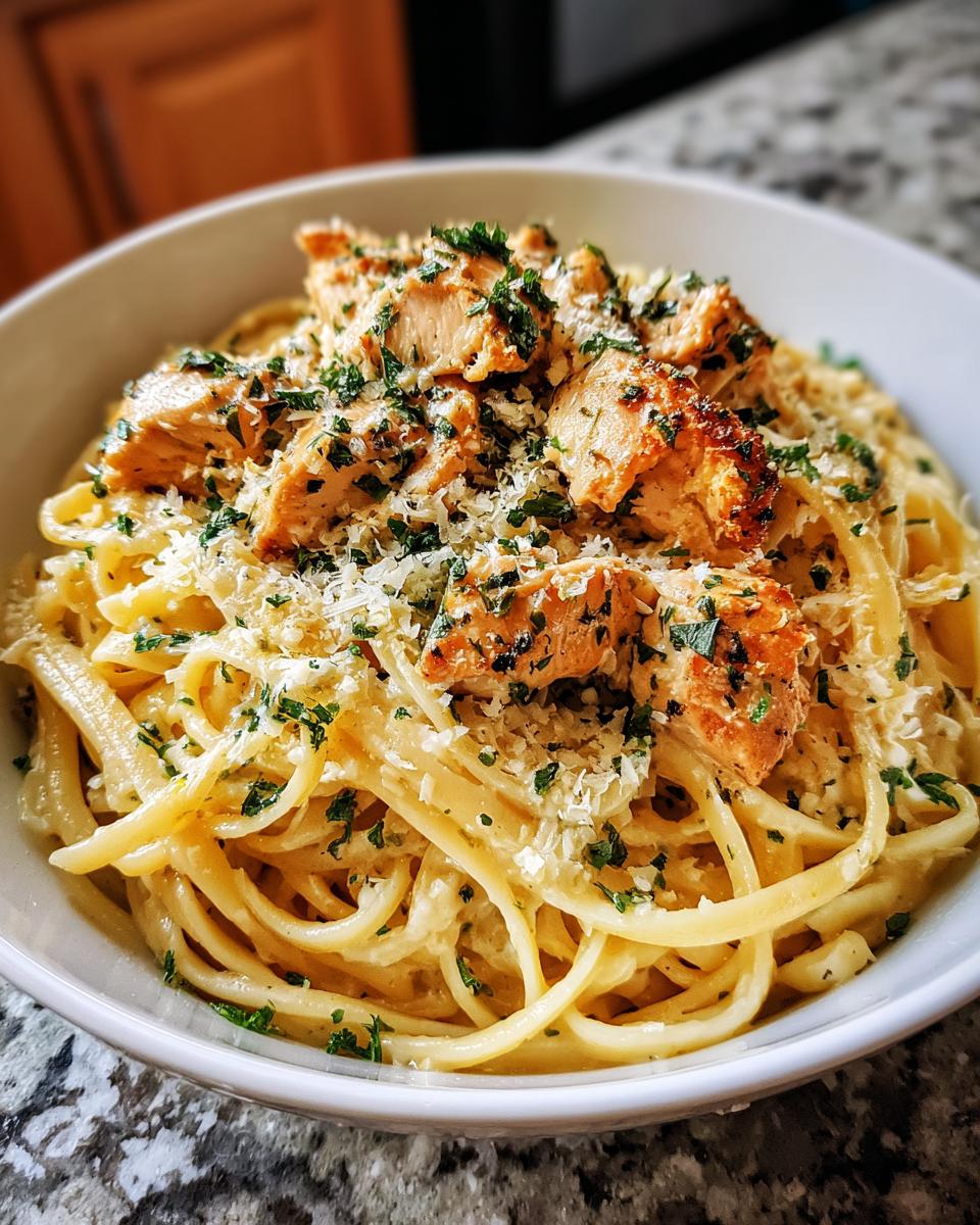 A close-up of a bowl of Chicken Garlic Parmesan Pasta topped with chopped chicken, parmesan cheese, and parsley.