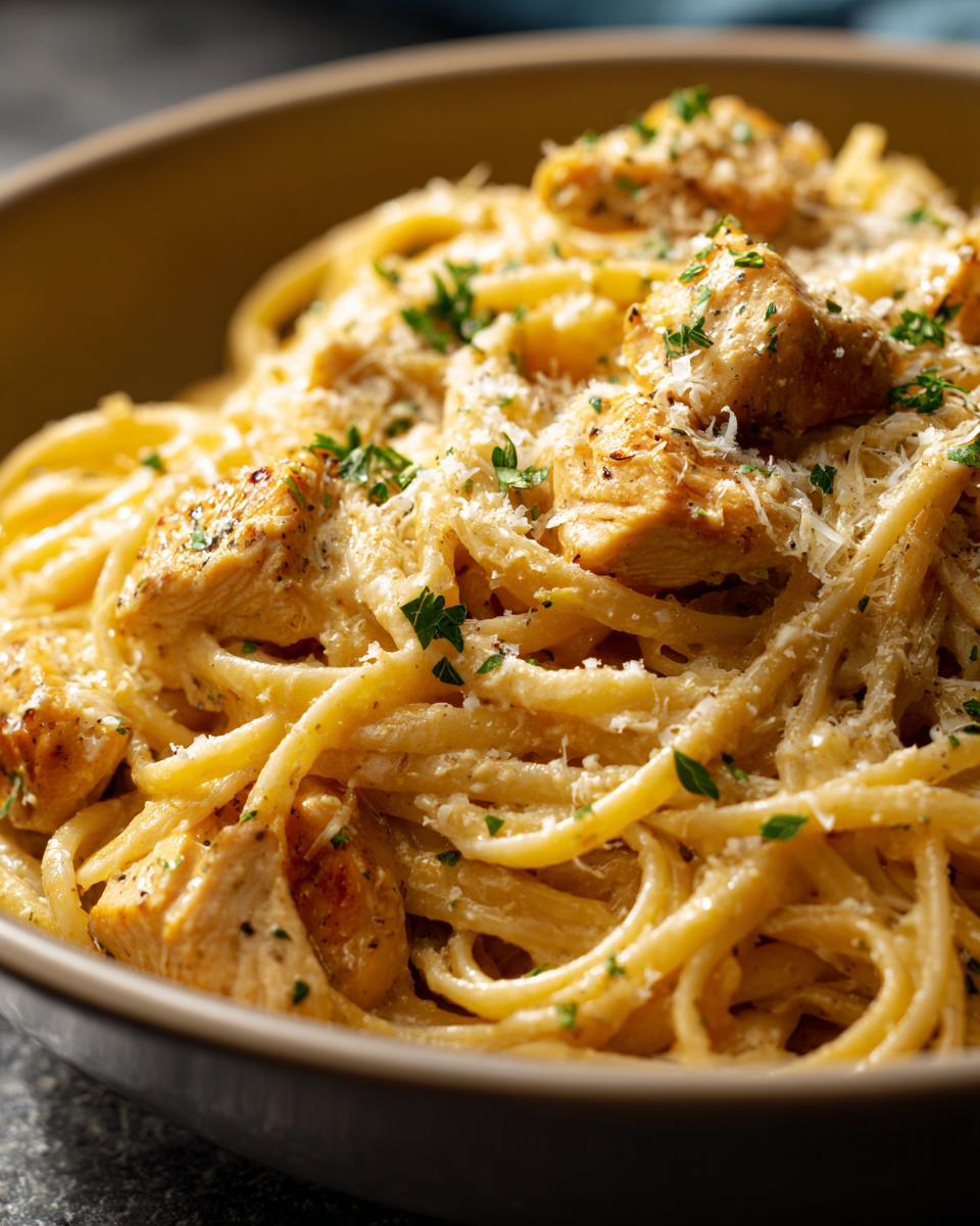 A close-up of a bowl of Chicken Garlic Parmesan Pasta, featuring spaghetti noodles coated in creamy sauce with chunks of chicken and sprinkled with parsley and parmesan.
