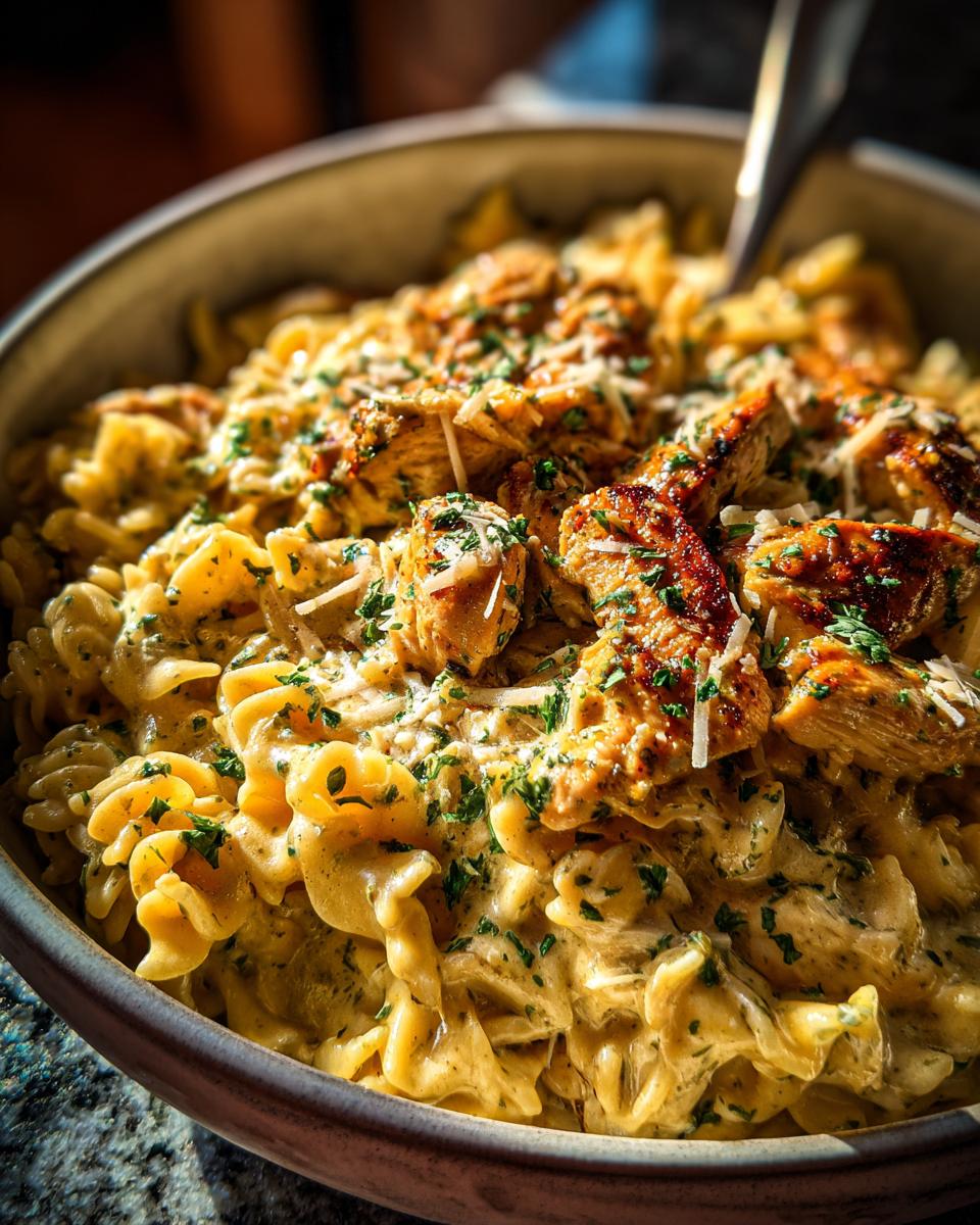 Close-up of creamy Chicken Garlic Parmesan Pasta topped with grilled chicken pieces and fresh parsley.