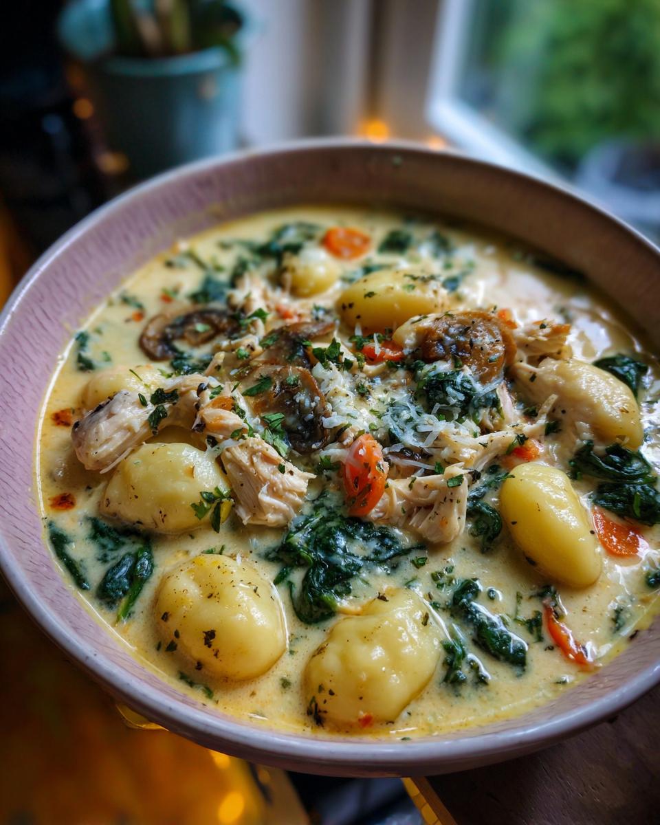 A close-up overhead view of a bowl of creamy chicken gnocchi soup, filled with tender chicken, soft gnocchi, spinach, and carrots.