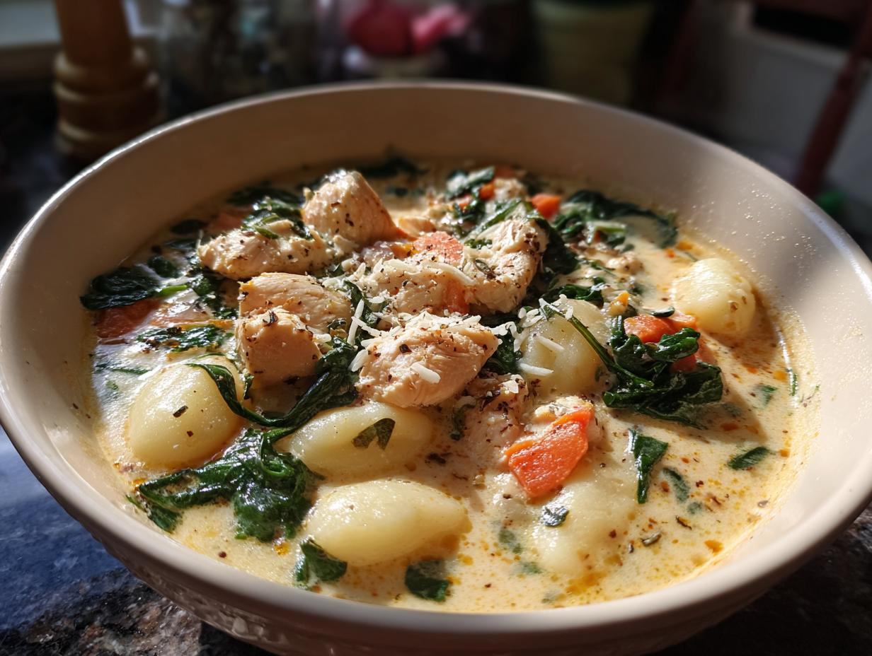 A close-up of a creamy chicken gnocchi soup with tender chicken pieces, soft gnocchi, spinach, and carrots.