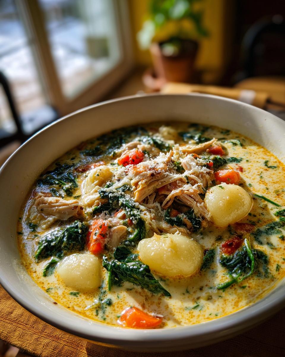 A close-up of a bowl of creamy chicken gnocchi soup, featuring shredded chicken, spinach, carrots, and gnocchi, topped with grated cheese.