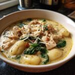 A close-up of a bowl of creamy chicken gnocchi soup, loaded with tender chicken, soft gnocchi, and wilted spinach, topped with shredded Parmesan cheese.
