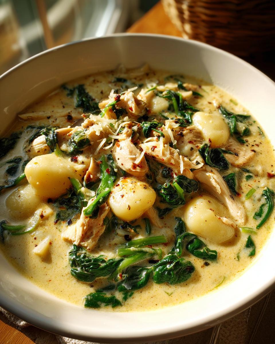 A close-up of a bowl of creamy chicken gnocchi soup with tender chicken, soft gnocchi, and wilted spinach, topped with grated cheese and red pepper flakes.