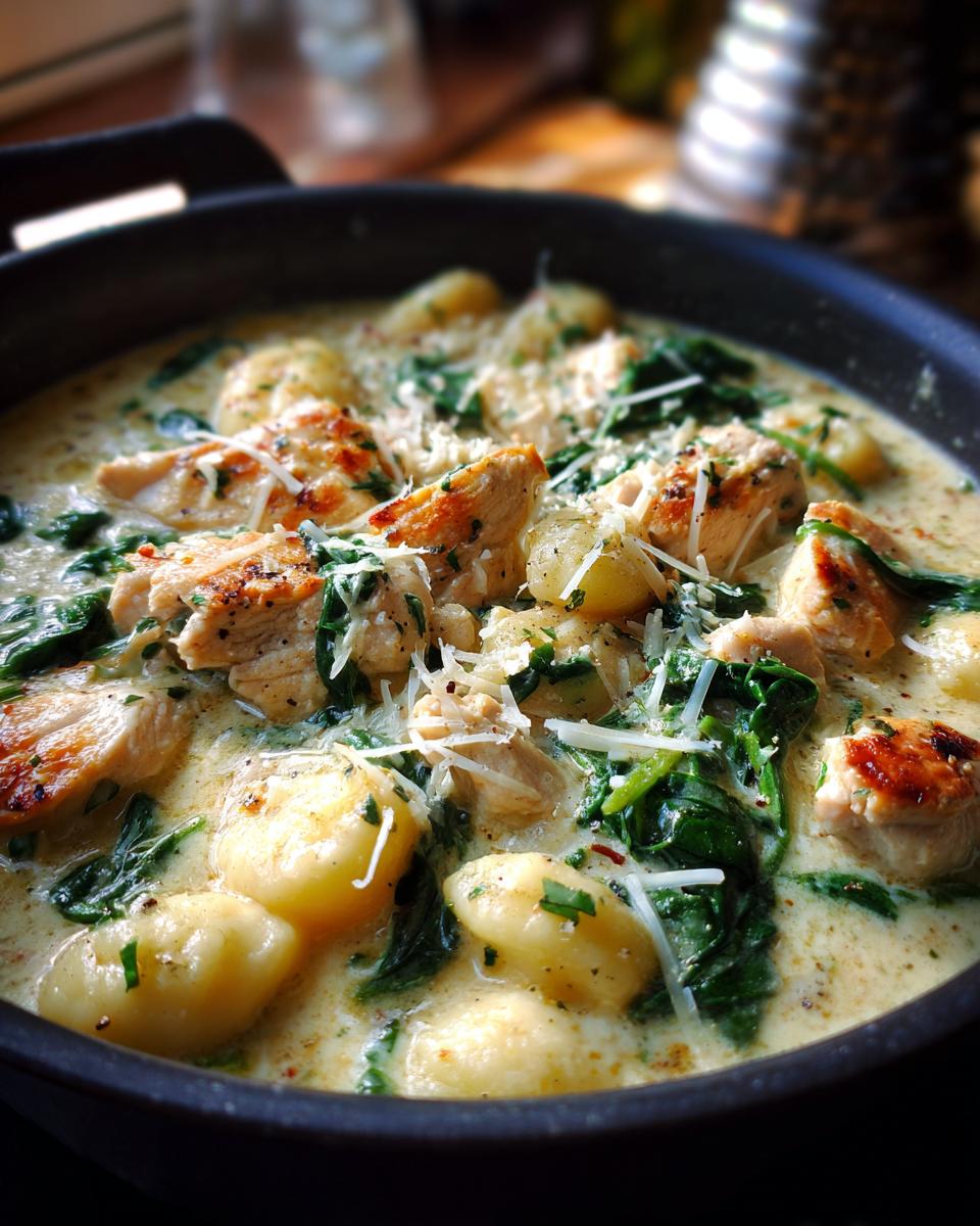 Close-up of creamy chicken gnocchi soup with tender chicken pieces, soft gnocchi, and wilted spinach, topped with grated Parmesan.