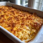 A close-up of a freshly baked chicken hashbrown casserole in a white baking dish, topped with crispy golden flakes.