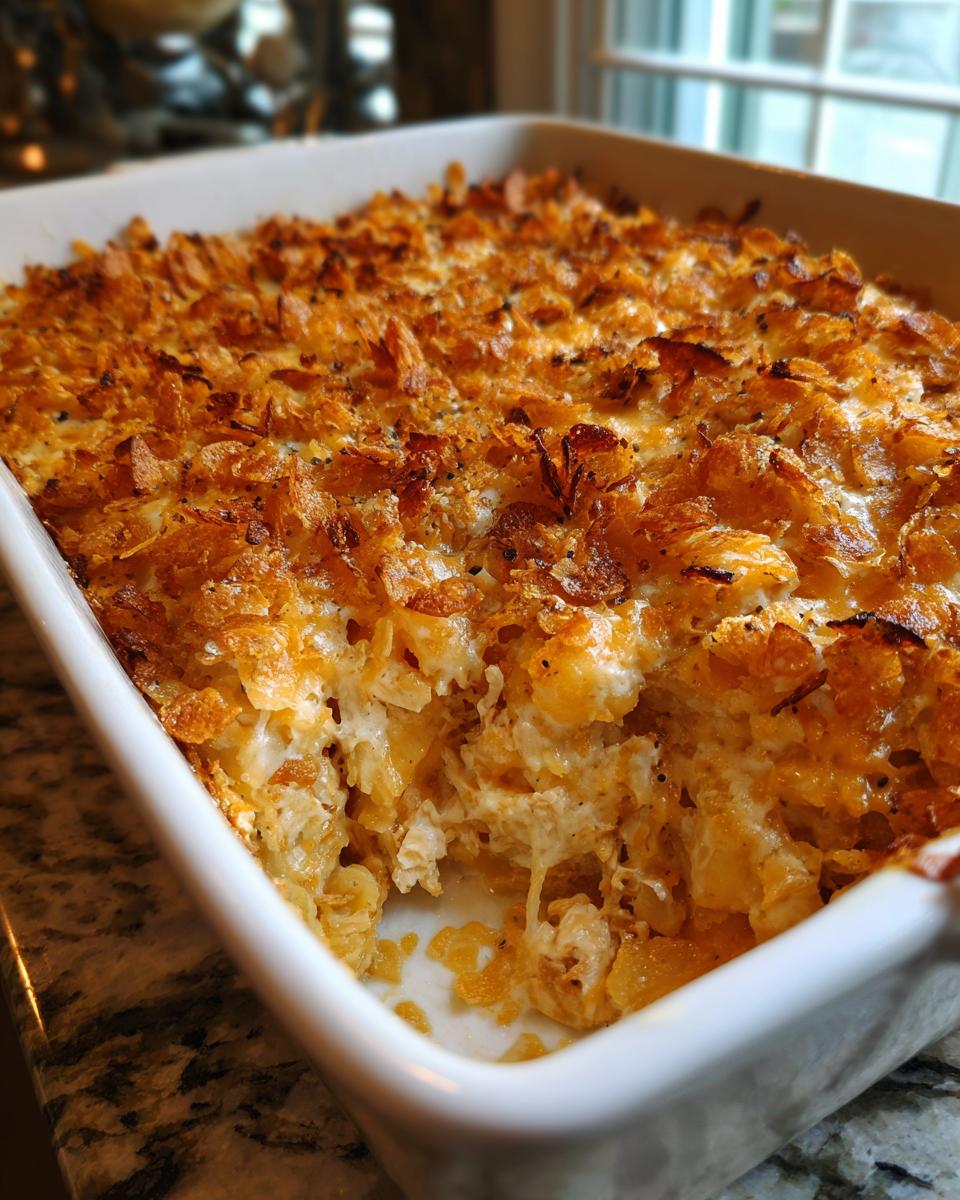 A close-up of a freshly baked chicken hashbrown casserole in a white baking dish, with a crispy, golden-brown topping.