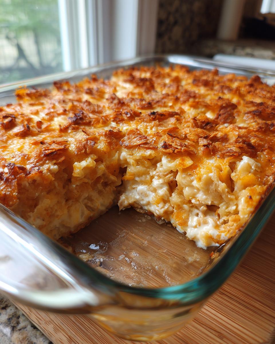 A golden-brown chicken hashbrown casserole in a glass baking dish, with a serving removed.