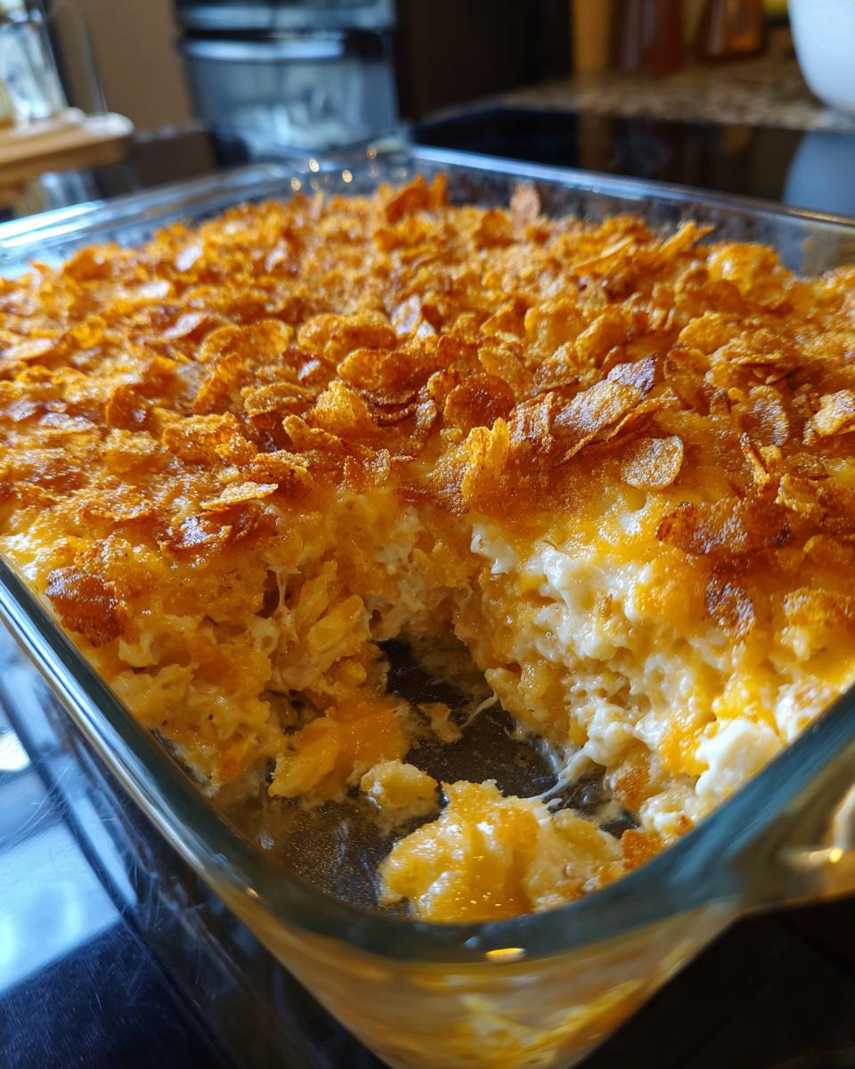 A close-up of a freshly baked chicken hashbrown casserole in a glass dish, topped with melted cheese and crushed cornflakes.